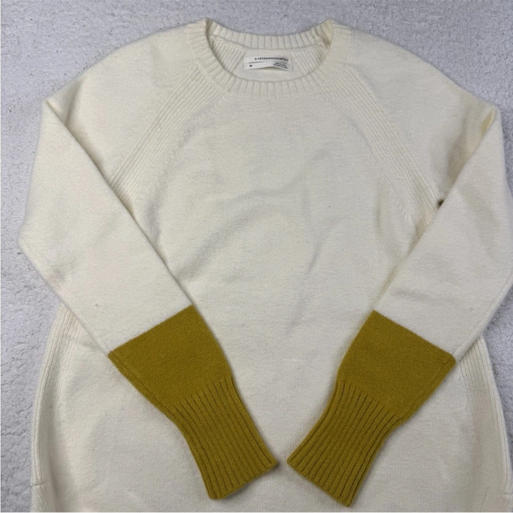 Anthropologie Ivory Color Block Crewneck Sweater XS Cozy Classic Sweater Neutral